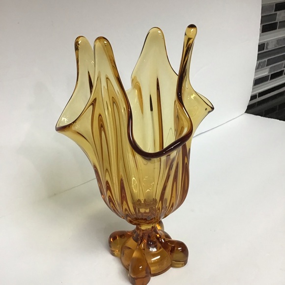 Vintage MCM 8” Viking Glass Amber Swung Stretch 4 Finger Footed Pedestal… - Picture 5 of 12